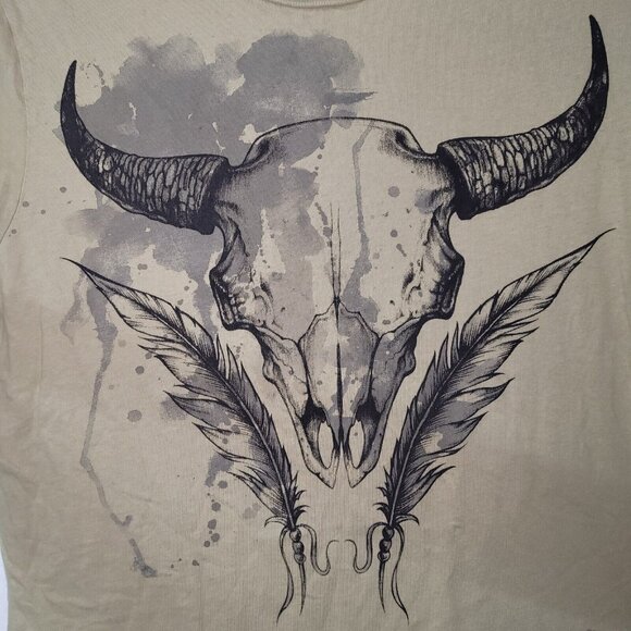 Christian Audigier TShirt Mens XL Tan Graphic Skull Feather Western Ranch Rodeo - Picture 3 of 11